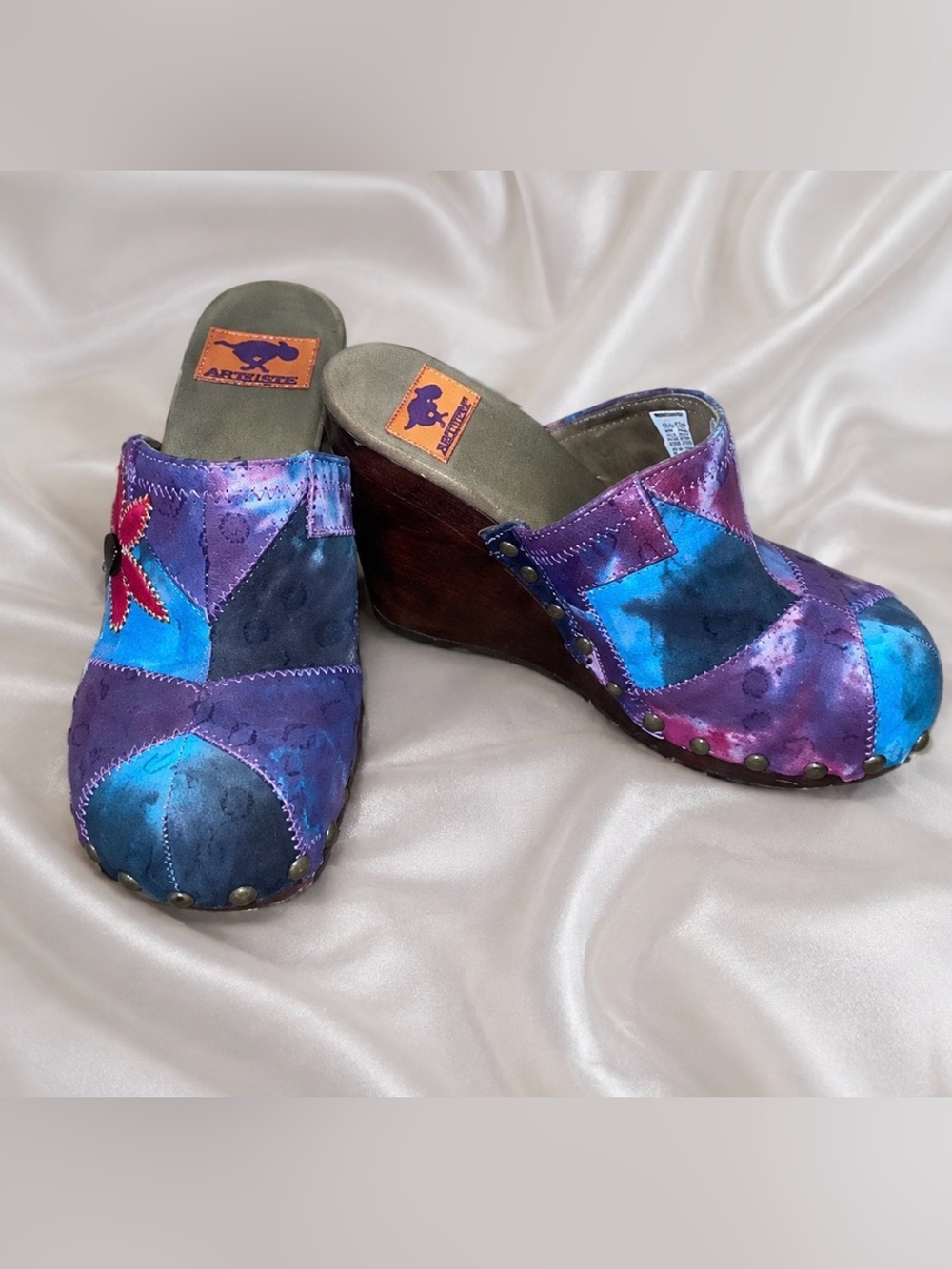 Rocket Dog -Purple & Blue Patchwork Wedge Clogs - size 8, run small